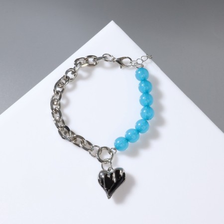 Bracelet "Heart" chain, black and blue color in silver, l = 16 cm-3
