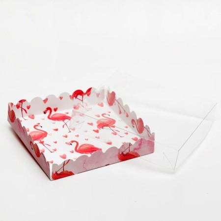 Box for cookies with PVC lid, "flamingo", white, 15 x 15 x 3 cm-2