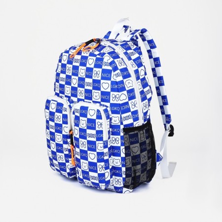 School backpack from textiles on lightning, 5 pockets, blue color