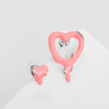 Emall earrings "melting" hearts, pink color in silver-2