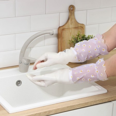 Raccoon household gloves with brushes, cuff and lining, size l, 47 cm, white color-1