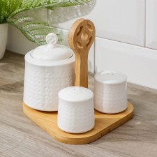 Porcelain set for spices on a wooden stand of the estate shade, 3 subjects: Solonka 50 ml, list of 50 ml, sugar tower 200 ml, white color