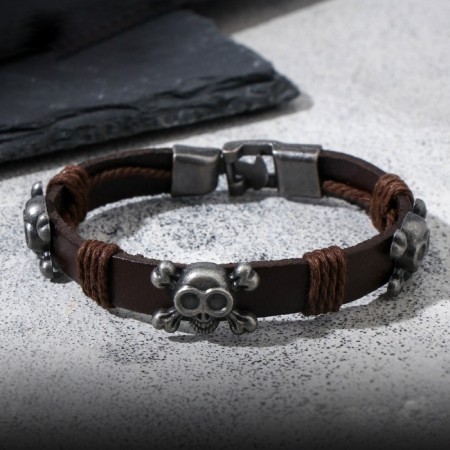 Bracelet Skin Skull is large, with bones, dark brown color with black silver, 8 cm-6