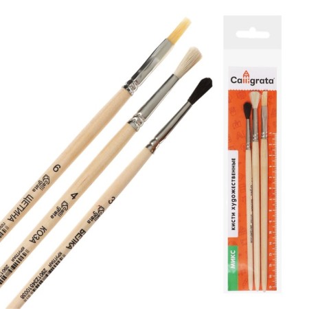 Set of brushes mix 3 pieces, calligrata No. 5 (Round: Squirrel No. 3, Goat No. 4; Flat bristles No. 6), wooden handle-2