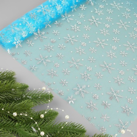 Fatin with snowflakes, with embossing, 155 cm, 11 ± 1 g/sq.m, 0.91 ± 0.1 m, blue/silver color