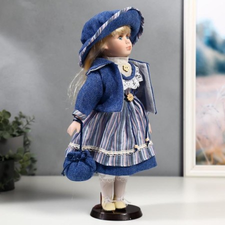 Doll Collectible Ceramics "Stasya in a blue striped dress and blue jacket" 40 cm-1