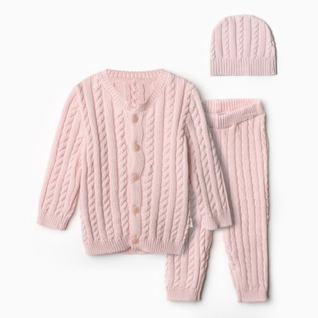 Knitted set (jumper, trousers, hat), pink color, height 62 cm