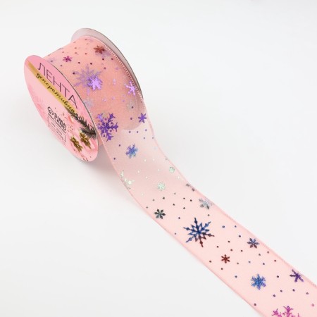 New Year! Kapron tape "Snowflakes", 40 mm, 9 ± 0.5 m, pink color-1