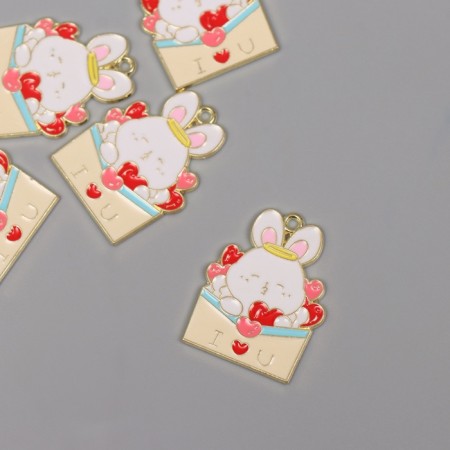 Decor for creativity metal, enamel "Bunny with an envelope with hearts" 2.8x2.2 cm