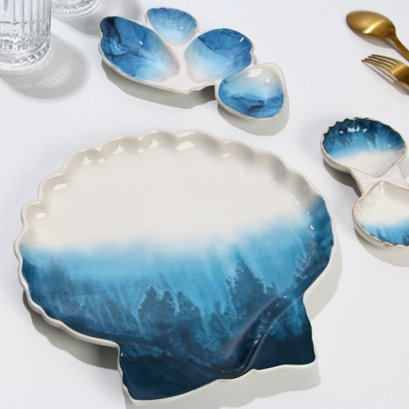 Ceramic “sea shell” saucer, 8.5 x 15 cm., White-blue color-4