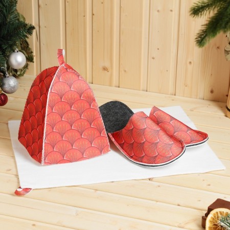 Set for a bath with a print "Fire Dragon": a hat, slippers, rug, red