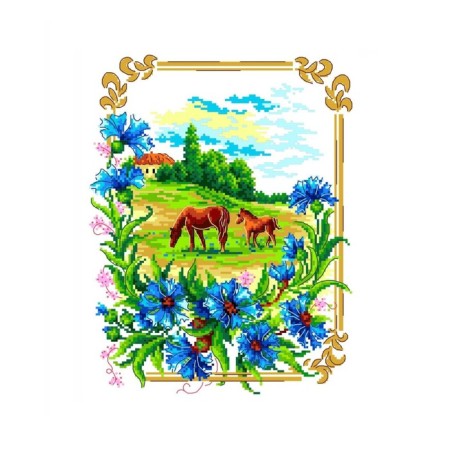 A set of embroidery with a cross on a canvas with a drawing “Vasilka”, 23x30 cm