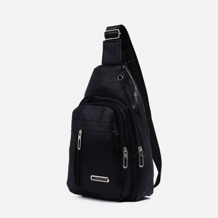 Male sling bag, artificial leather, headphone opening, black color-6