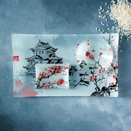 A set for sushi from glass “Pagoda”, 3 objects: saucepan 8 × 2 cm, 8 × 6 cm, stand 25 × 15 × 2 cm-8