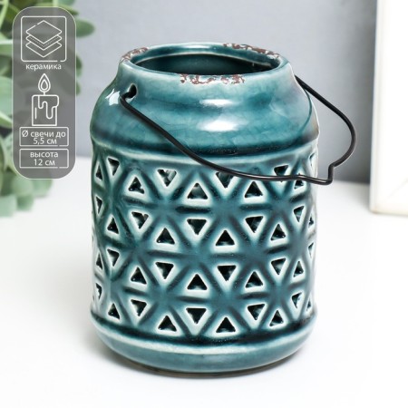 Ceramics candlestick for 1 candle "Lantern. Rombs" Green 9x9x12 cm
