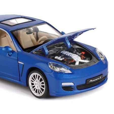 Metal machine Porsche Panamera S, 1: 24, doors, hood and trunk, light and sound effects, blue color open-5