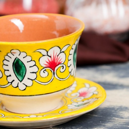 Tea couple Rishtan ceramics "Flowers", 100 ml, (plate 10cm, cup 7.5cm), yellow-2