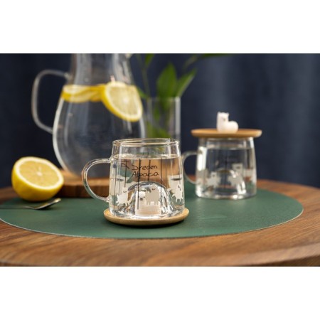 Glass mug with a wooden lid "Lama", 300 ml, Mix drawing-8