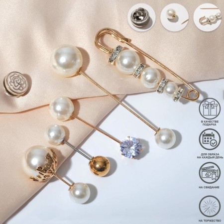 A set of pins (6 pcs.) “Pearl Assorted”, 6.5 cm, white color in gold