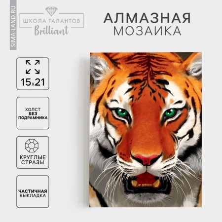 Diamond mosaic with full filling on the canvas "Tiger", 15 x 21 cm