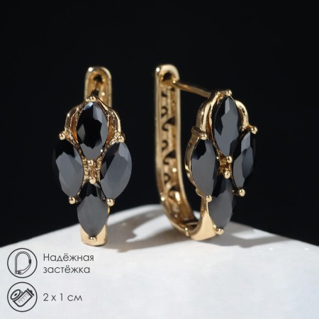 Earrings with circus rhinestones, quartet, black color in pink gold