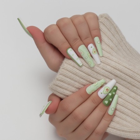 Avocado overhead nails, 12 pcs, with adhesive plates, ballerina shape, green/white color-9