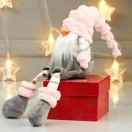 Interior doll "Grandpa in the gray overalls and pink cap" 39x17x11 cm-4