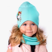 A hat for a girl is two-layer, mint color/unicorn, size 54-58
