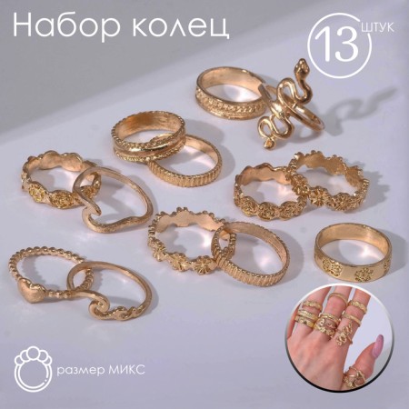 Set of rings 13 pieces of "Assorted" flowers, snake, size mix, color gold