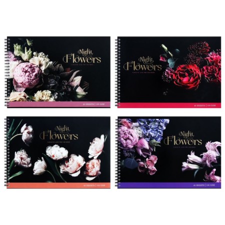 Album for drawing A4, 40 sheets on the crest Night Flowers, Cardboard Cover, Foil embossing, Offset block 100 g/m2, mix