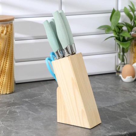 A set of kitchen knives on a stand, 6 objects: 5 knives 8.5 cm, 12 cm, 12 cm, 19.7 cm, 19 cm, scissors, blue color