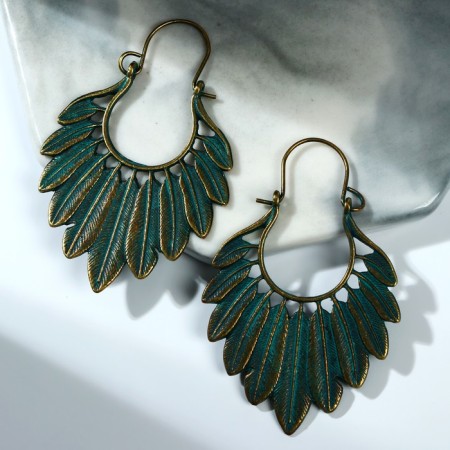 Earrings Metal "East" feathers, color green-gold-1
