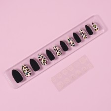 Leo patching nails, 12 pcs, with glue plates, almond shape, black, beige