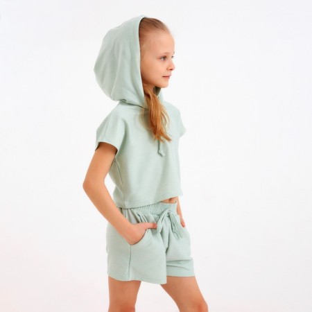 Kit for girls (top, shorts) minku: casual collection olive color, height 152-4
