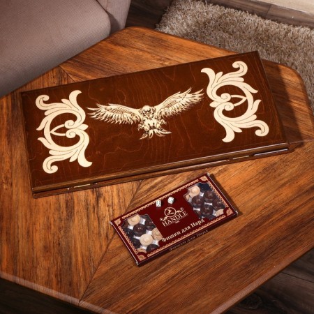 Handmade backgammon "Flying Eagle", 60x30 cm, with a chess field, a walnut array, Armenia