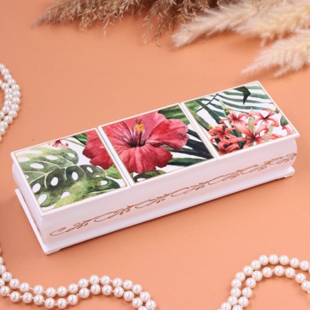 Casket "Flowers", white, 23 x 7.5 x 5 cm, triple, lacquer miniature
