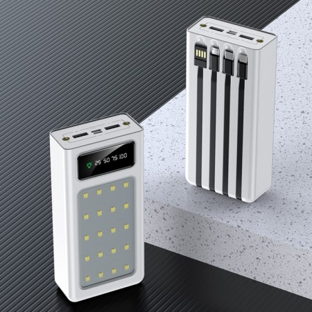 External battery 486, 20,000 mAh, Type-C/Lightning/MicroUSB cables, lantern, white