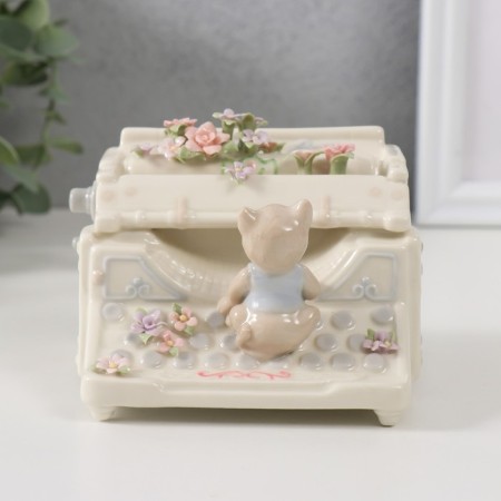 Souvenir Ceramics Musical "A kitten with a flower printing machine" 9x11x7.5 cm-1