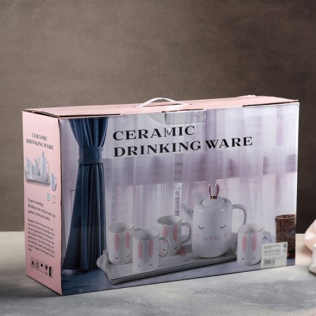 Ceramic tea "Bunny" set, 6 items: 4 220 ml mugs, 900 ml kettle, tray-5