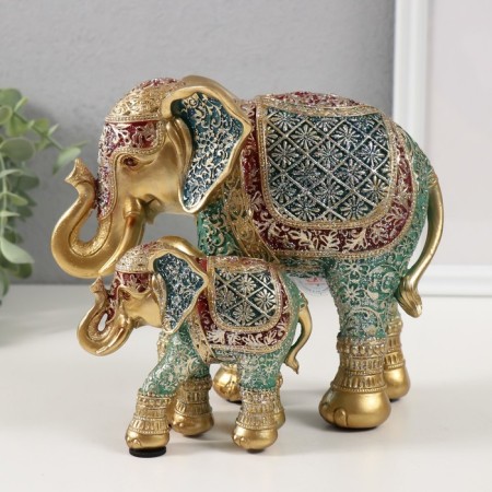 Souvenir Polystone "Elephant with an elephant, chamomile on the ass" red-blue, sparkle 17x10x15 cm 10325