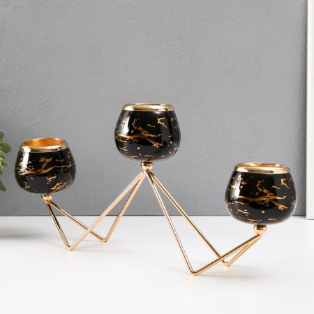 Summary Metal for 3 candles "black marble with golden veins - zig -zag" gold 41x19cm-3