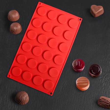 The shape for chocolate is the “Circle”, silicone, 27.7 × 17.3 × 1 cm, 24 cells (D = 3.4 cm), Mix color-7