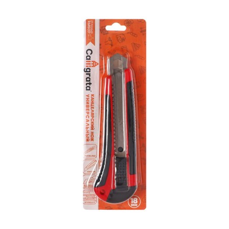 Chancellery knife 18 mm Plastic with met., Director, latch, rubberized mix in blister-8