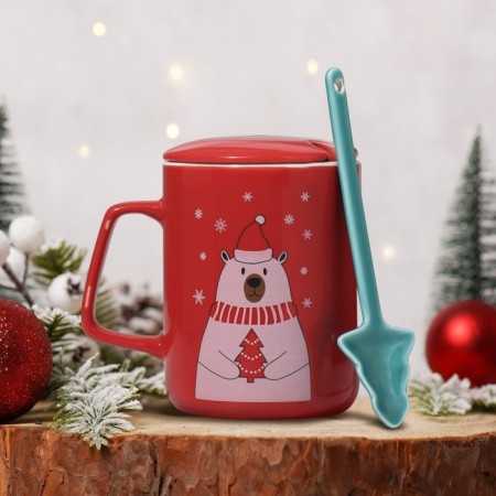 Ceramic mug with a spoon and cover "Bear", 400 ml, red color-1