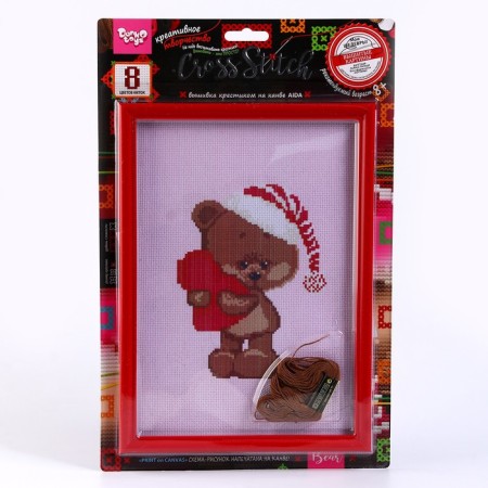 Embroidery with a cross on the canvas, the series Cross Stitch "Bear with a heart"