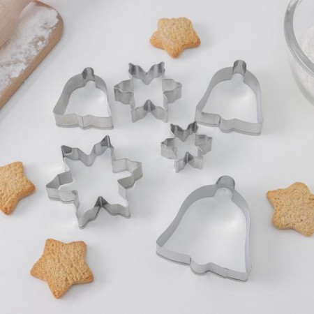 A set of forms for cutting the cookies of the share "bell, snowflake", 6 objects, silver color-1