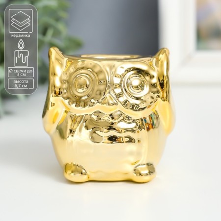 Ceramics candlestick for 1 candle "Little eagle owl" gold D-3 cm 5.2x6.5x6.7 cm