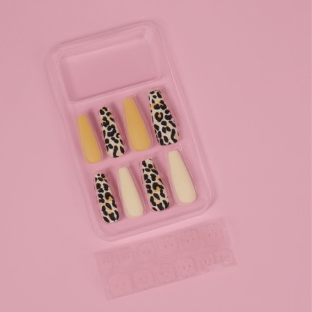 Leopard overhead nails, 12 pcs, with adhesive plates, ballerina shape, beige/yellow/black-1