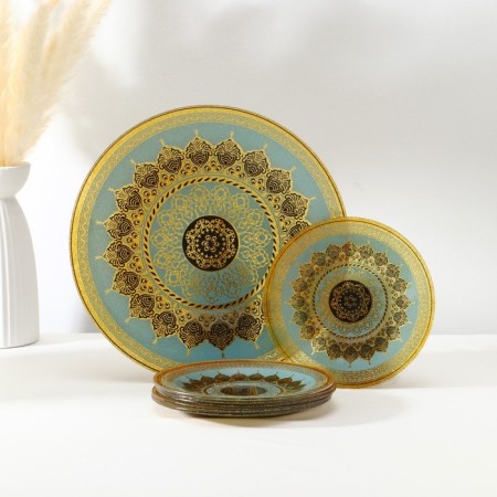 Diningrian "Mehendi", 7 items: D = 30 cm - 1 pc, d = 18 cm - 6 pcs, blue color with golden