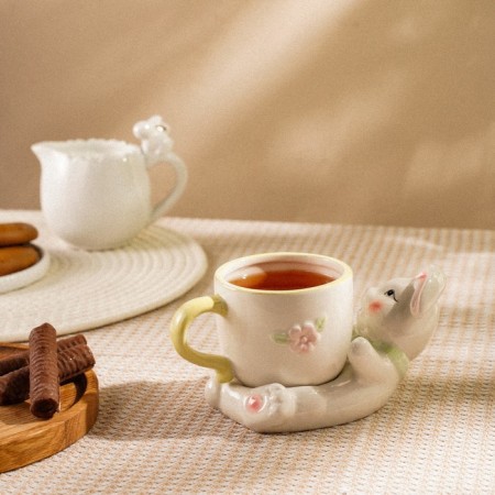 Tea couple ceramic SL Home "Easter rabbits", 2 items: cup, saucer, white color-4